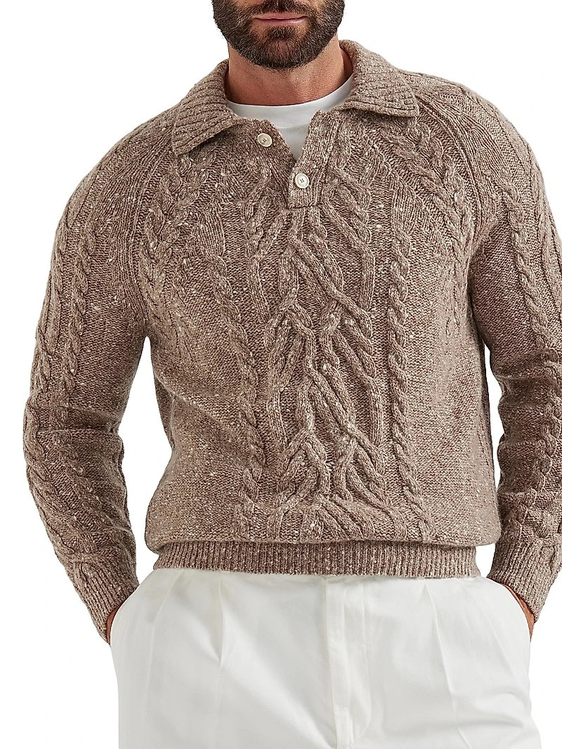 Flecked Cashmere Wide Cable Knit Polo Shirt