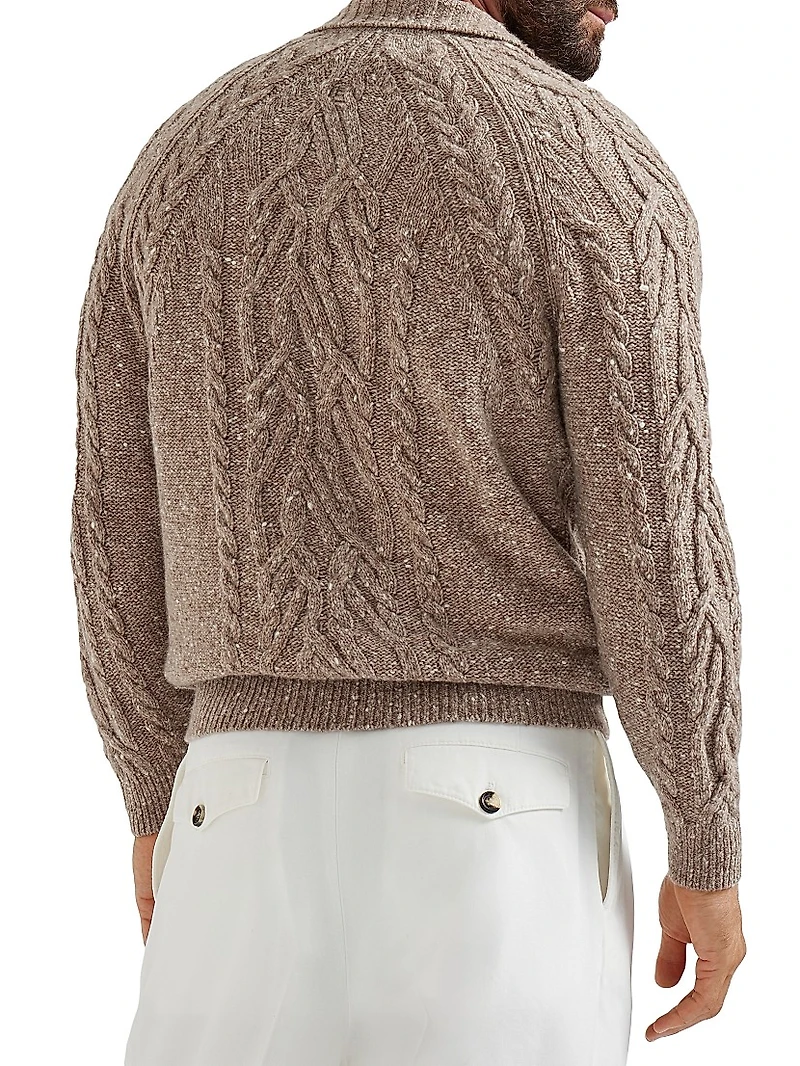 Flecked Cashmere Wide Cable Knit Polo Shirt