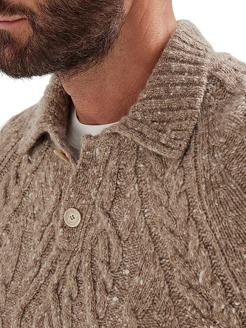 Flecked Cashmere Wide Cable Knit Polo Shirt