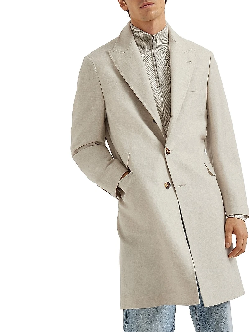 Mélange Cashmere Flannel Coat with Peak Lapels