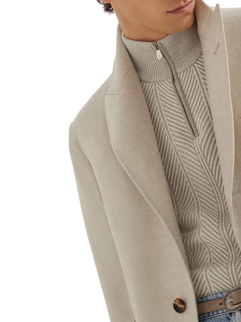 Mélange Cashmere Flannel Coat with Peak Lapels
