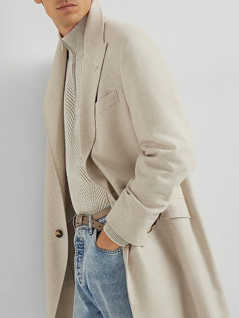 Mélange Cashmere Flannel Coat with Peak Lapels