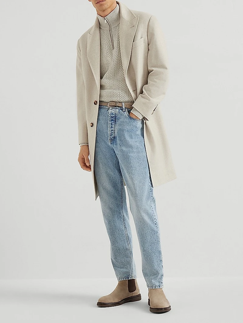 Mélange Cashmere Flannel Coat with Peak Lapels