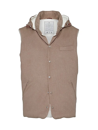 Bonded Wool Flannel Down Vest with Detachable Hood