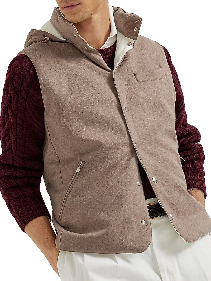 Bonded Wool Flannel Down Vest with Detachable Hood