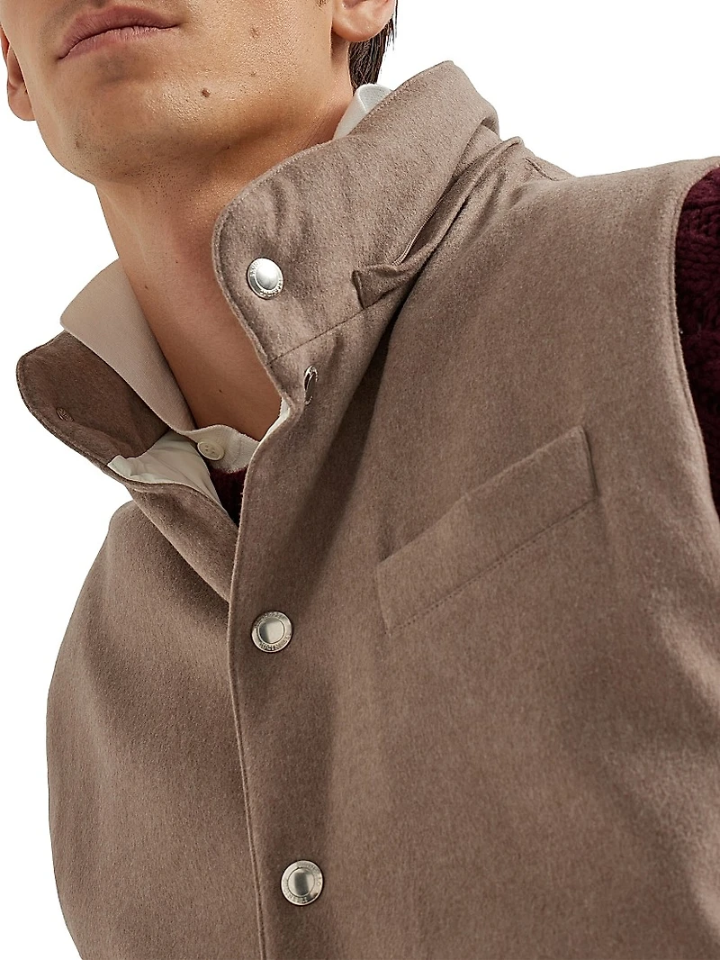 Bonded Wool Flannel Down Vest with Detachable Hood