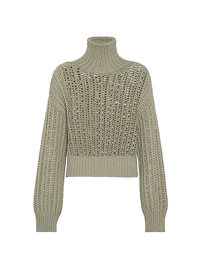 Openwork Rib Turtleneck Sweater Cashmere Feather Yarn