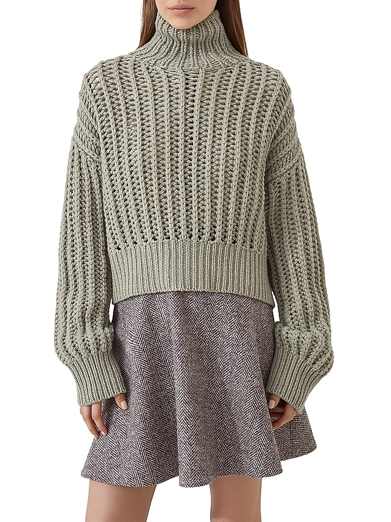 Openwork Rib Turtleneck Sweater Cashmere Feather Yarn