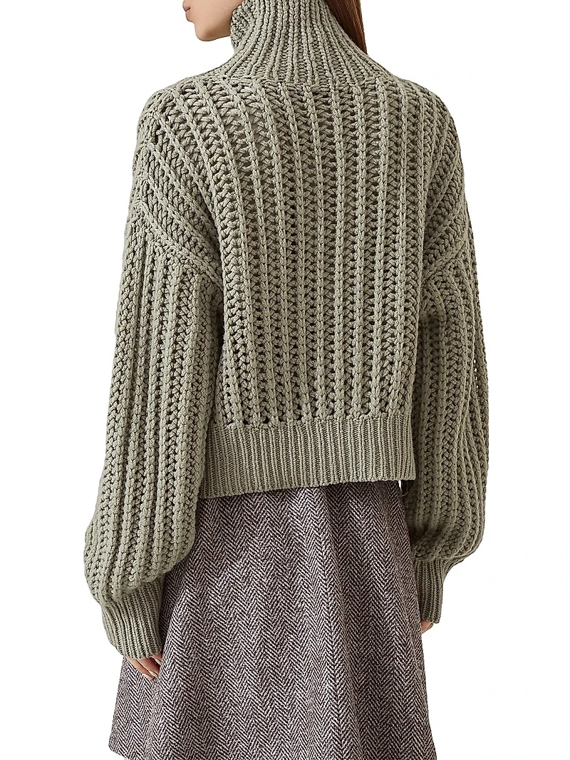 Openwork Rib Turtleneck Sweater Cashmere Feather Yarn