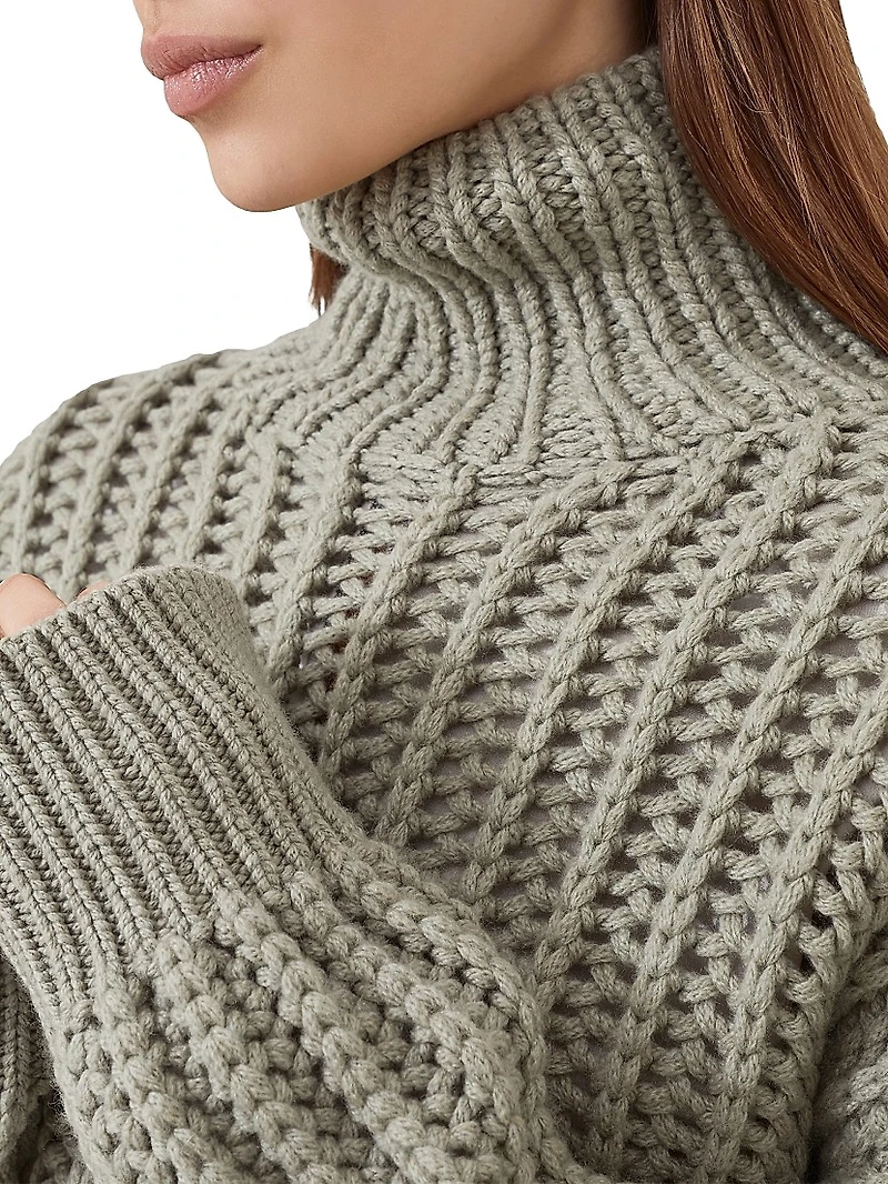 Openwork Rib Turtleneck Sweater Cashmere Feather Yarn