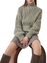 Openwork Rib Turtleneck Sweater Cashmere Feather Yarn