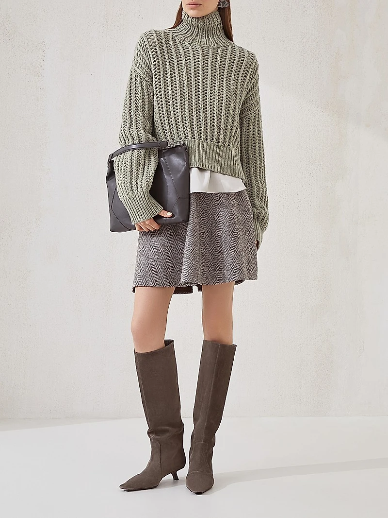 Openwork Rib Turtleneck Sweater Cashmere Feather Yarn