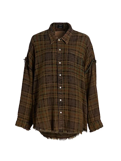 Shredded-Seam Plaid Cotton Shirt