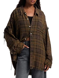 Shredded-Seam Plaid Cotton Shirt