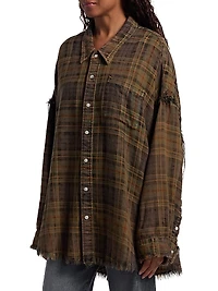 Shredded-Seam Plaid Cotton Shirt