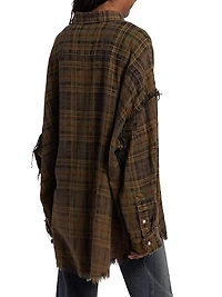 Shredded-Seam Plaid Cotton Shirt