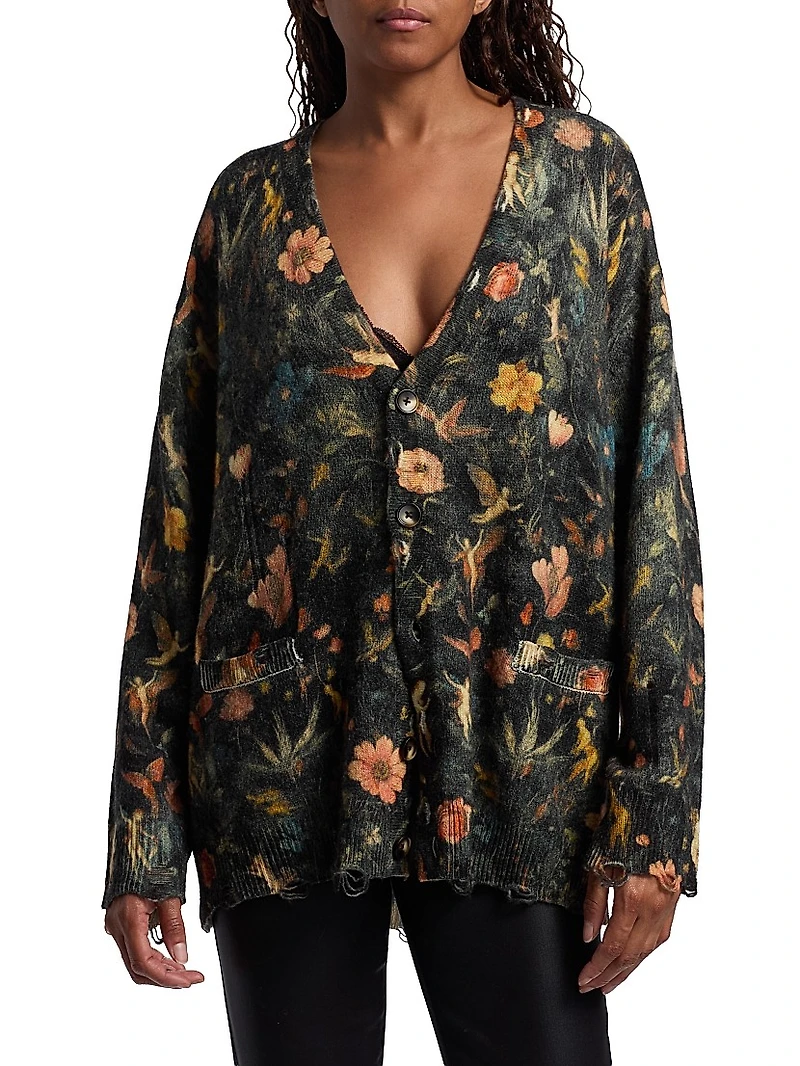 Floral Merino Wool Boyfriend Cardigan