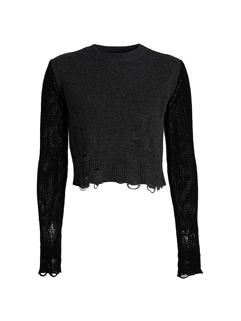 Distressed Rib-Knit Cashmere Crop Sweater