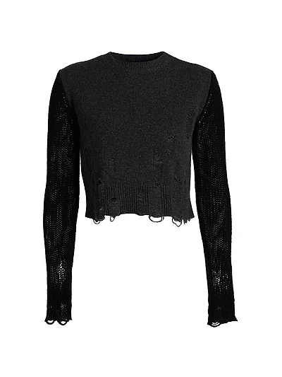 Distressed Rib-Knit Cashmere Crop Sweater