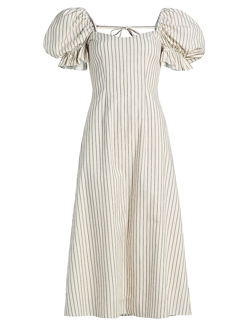 Alia Striped Puff-Sleeve Cotton Midi-Dress
