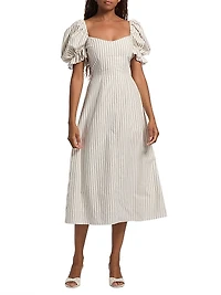 Alia Striped Puff-Sleeve Cotton Midi-Dress