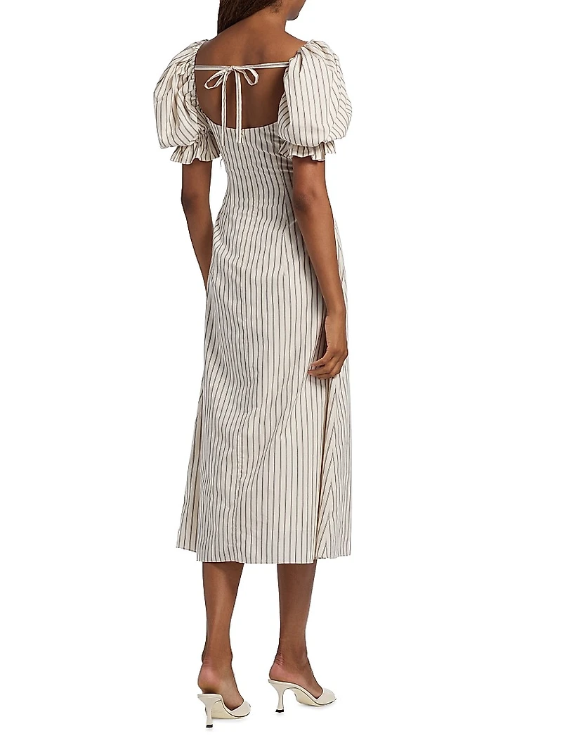 Alia Striped Puff-Sleeve Cotton Midi-Dress