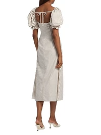 Alia Striped Puff-Sleeve Cotton Midi-Dress