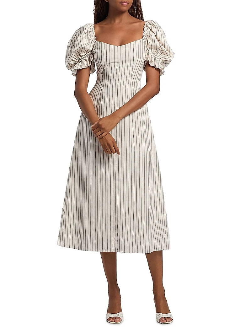 Alia Striped Puff-Sleeve Cotton Midi-Dress