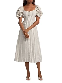 Alia Striped Puff-Sleeve Cotton Midi-Dress
