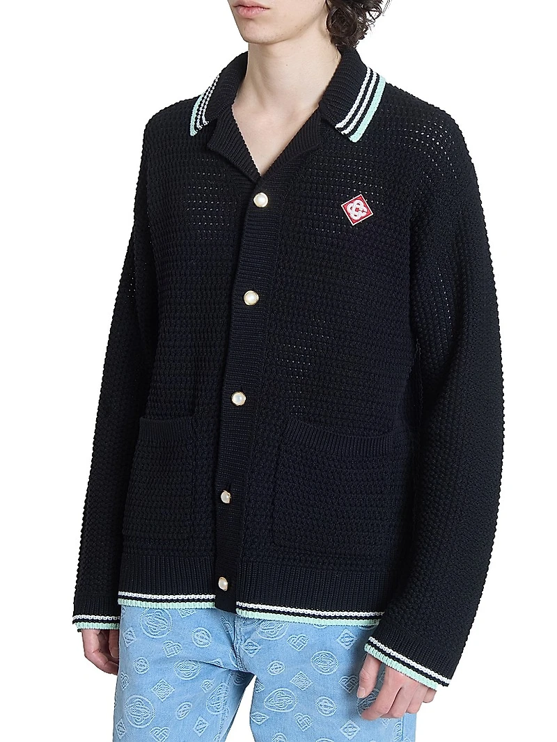 Embroidered Faux Crochet Camp Shirt