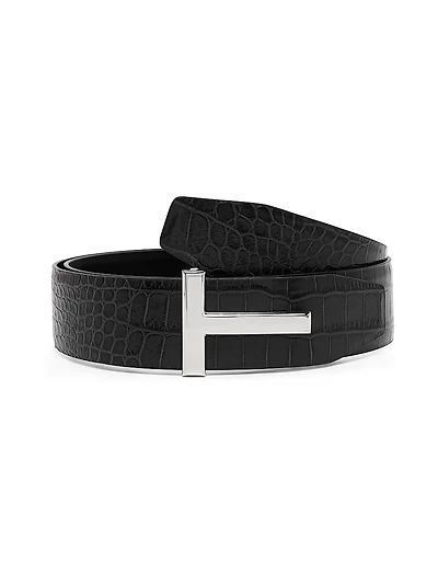 T Reversible Croc-Embossed Leather Belt