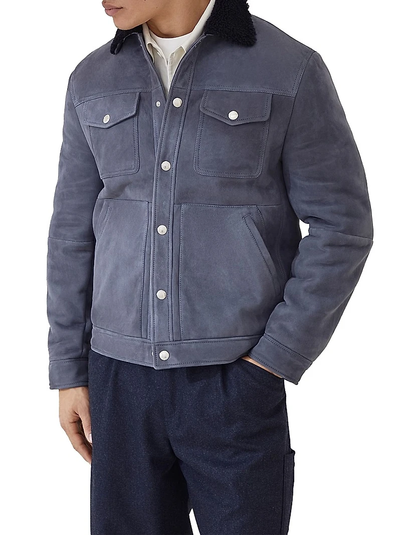 Suede Curly Shearling Four Pocket Jacket