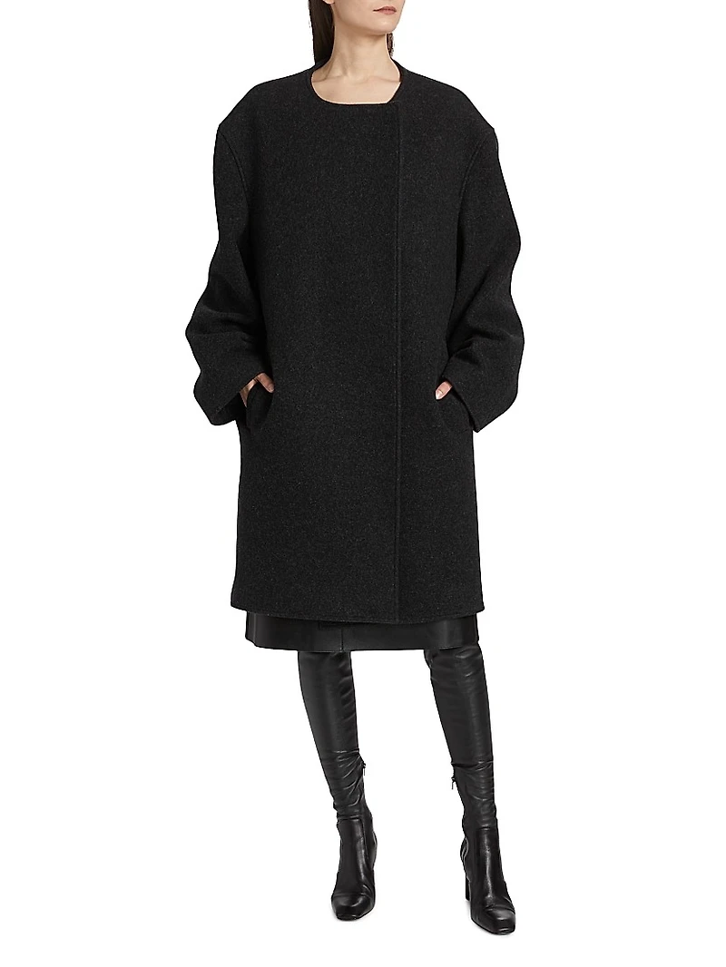Collarless Wool-Blend Felt Coat