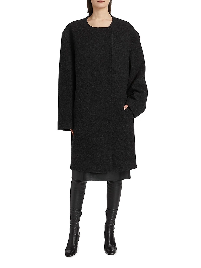 Collarless Wool-Blend Felt Coat
