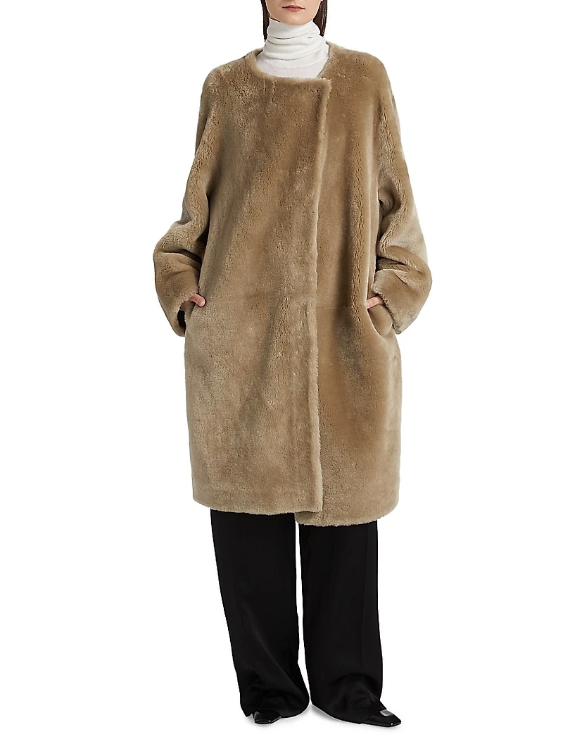 Collarless Shearling Coat