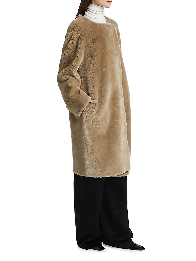 Collarless Shearling Coat