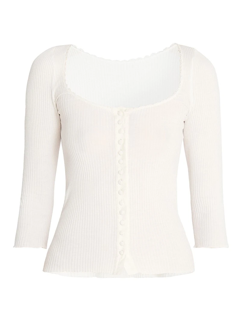 Lace-Trim Cotton Scoopneck Cardigan