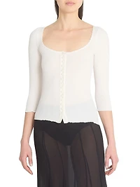 Lace-Trim Cotton Scoopneck Cardigan