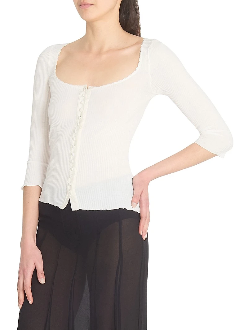 Lace-Trim Cotton Scoopneck Cardigan