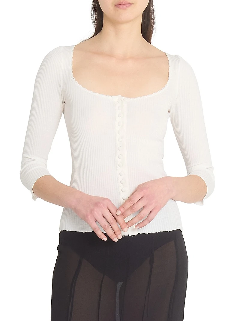 Lace-Trim Cotton Scoopneck Cardigan