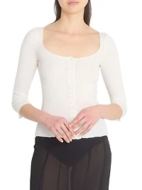 Lace-Trim Cotton Scoopneck Cardigan
