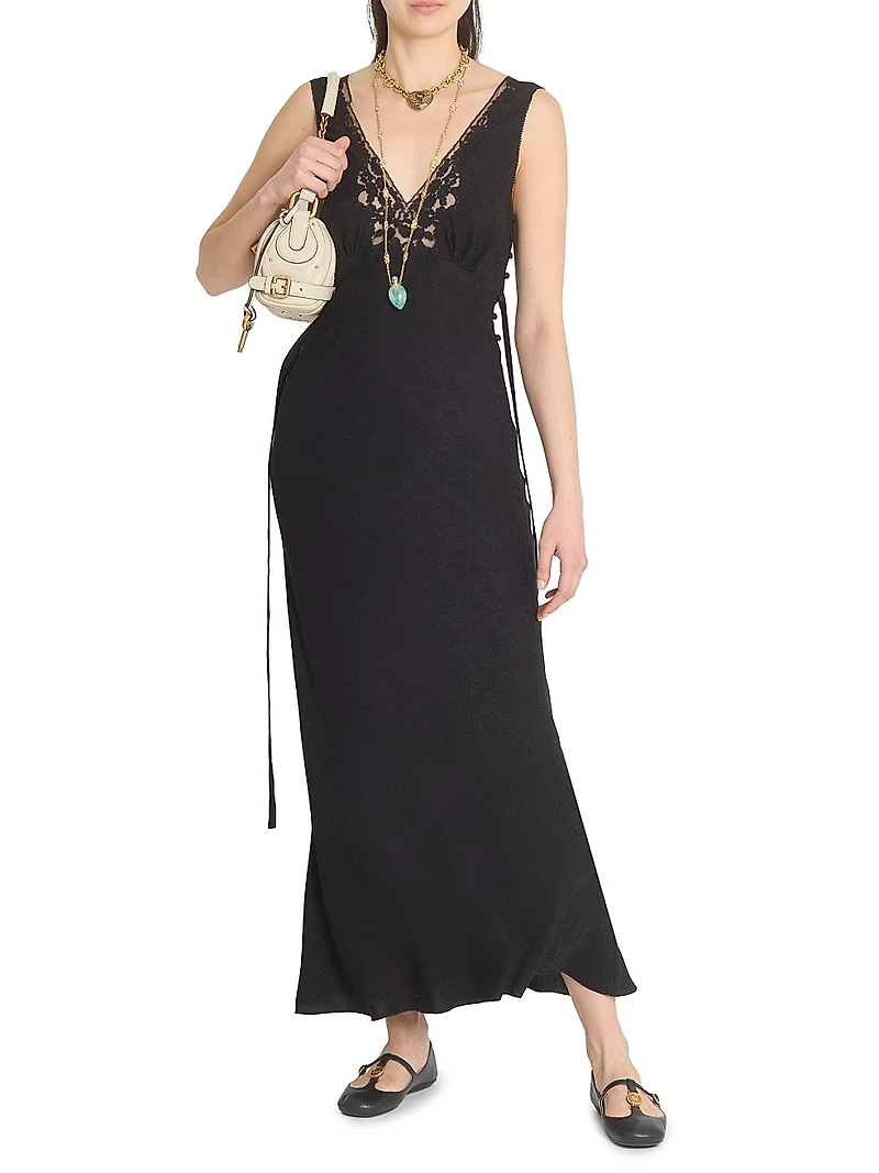 Lace-Trim Silk Crêpe de Chine Bias-Cut Gown