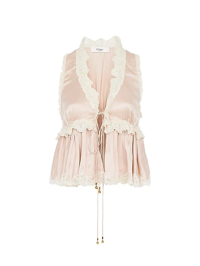 Satin Silk Lace-Trimmed Tie Top