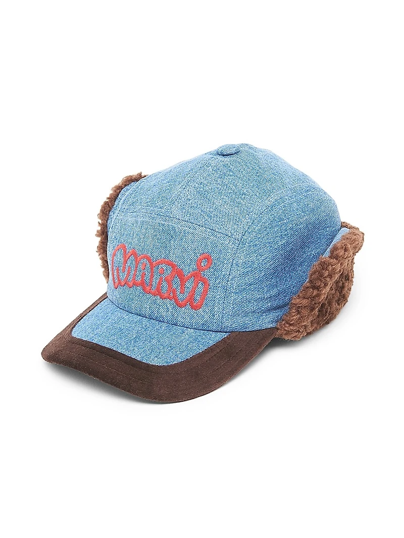 Faux-Fur Denim Baseball Cap