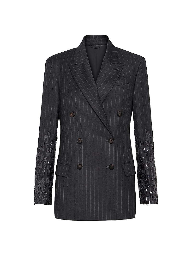 Virgin Wool Chalk Stripe Twill Blazer with Swing Drops Embroidery and Monili