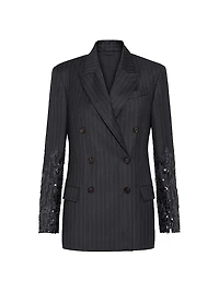 Virgin Wool Chalk Stripe Twill Blazer with Swing Drops Embroidery and Monili