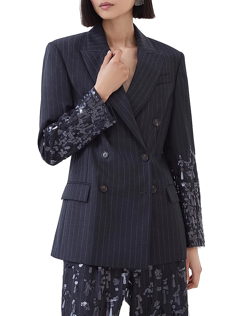 Virgin Wool Chalk Stripe Twill Blazer with Swing Drops Embroidery and Monili