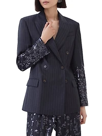 Virgin Wool Chalk Stripe Twill Blazer with Swing Drops Embroidery and Monili