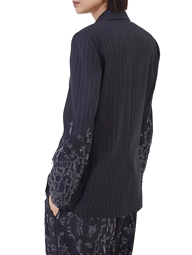 Virgin Wool Chalk Stripe Twill Blazer with Swing Drops Embroidery and Monili