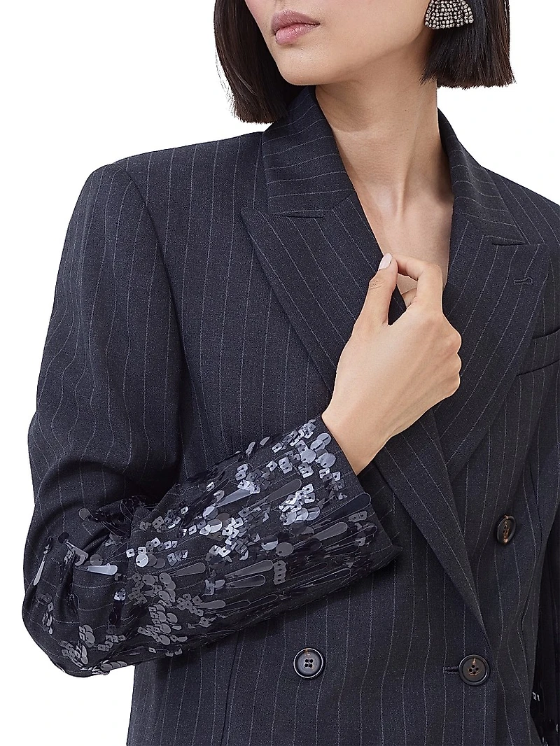 Virgin Wool Chalk Stripe Twill Blazer with Swing Drops Embroidery and Monili